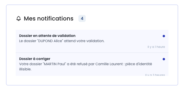 Module « Mes notifications » du tableau de bord